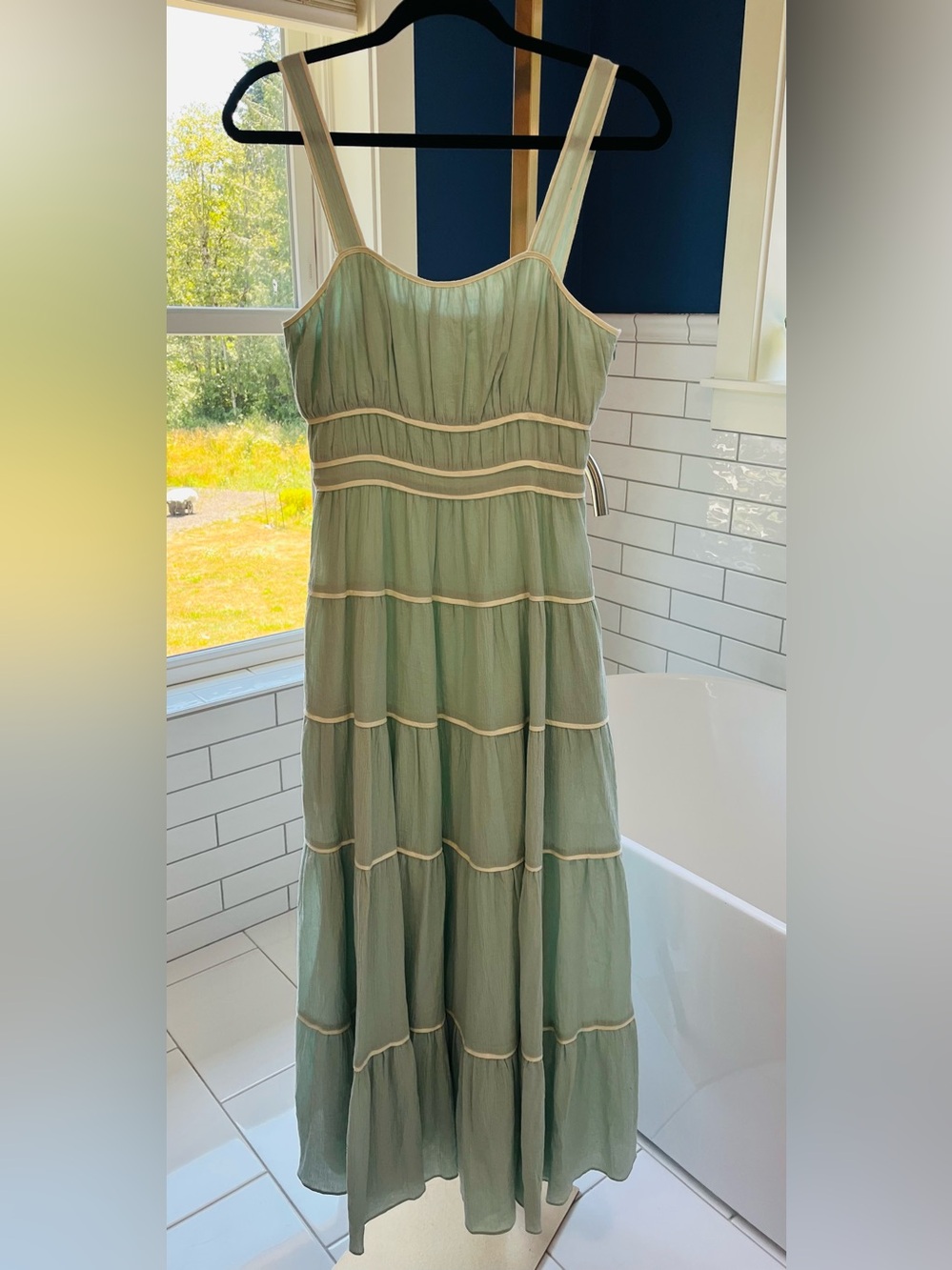 Camellia Mint Green Tiered Maxi Dress with Contrast Trim